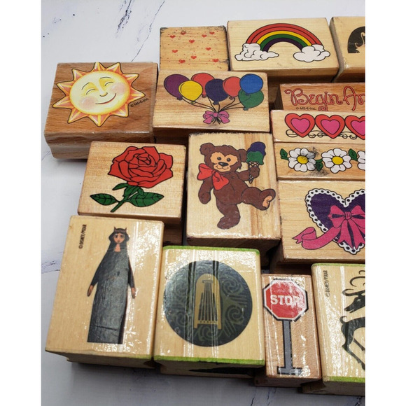 Lot of 20 Colorful Various Themes Wood Mounted Rubber Stamps - Picture 3 of 10